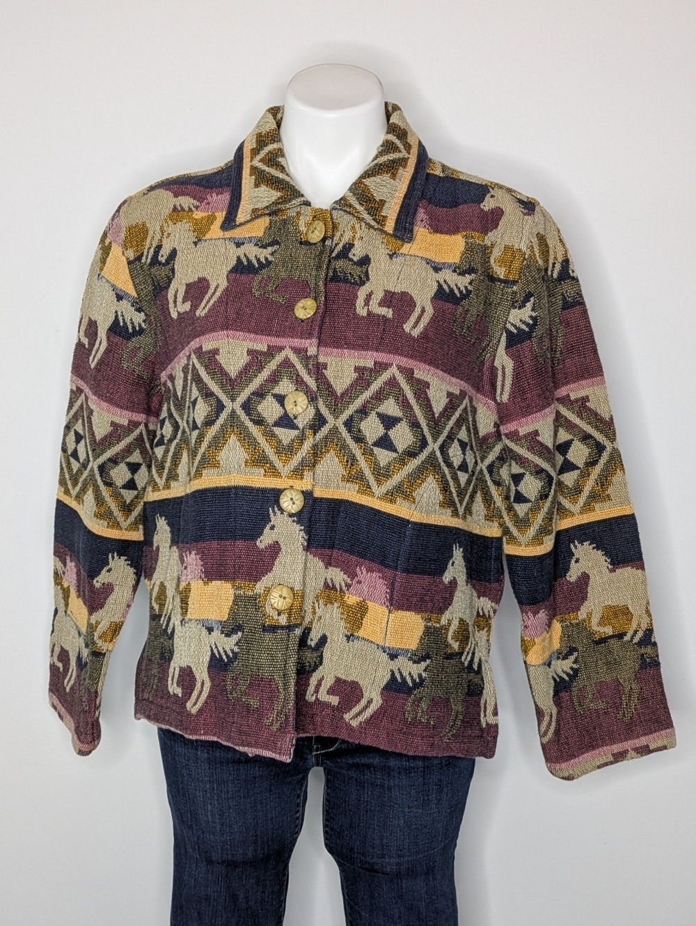 Vintage Resort Wear Tan Purple Southwest Western Tapestry Cotton Horse Jacket S